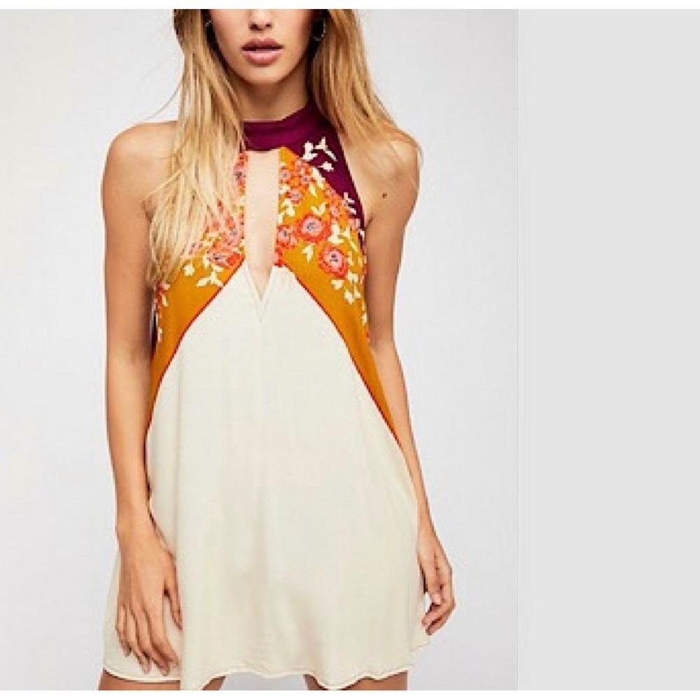 Free People Floral Embroidered Halter Top Cream Mustard Plum XS OB593369